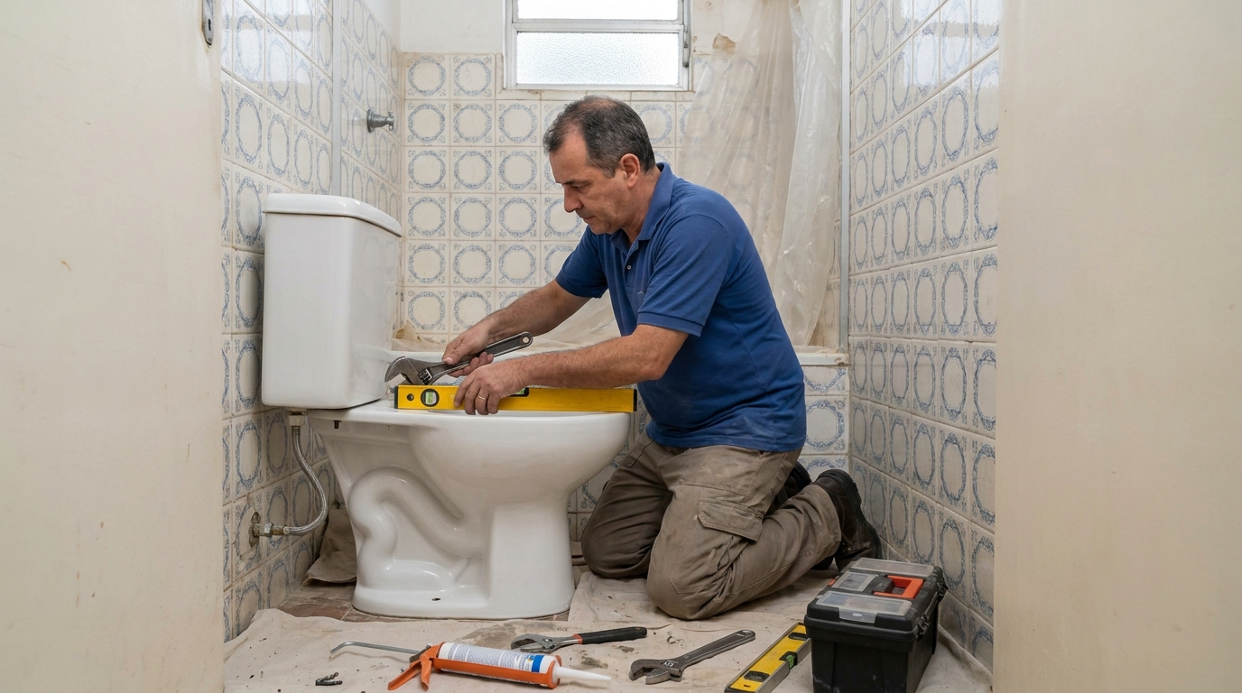 Técnico instalando vaso sanitário em Caruaru‑PE